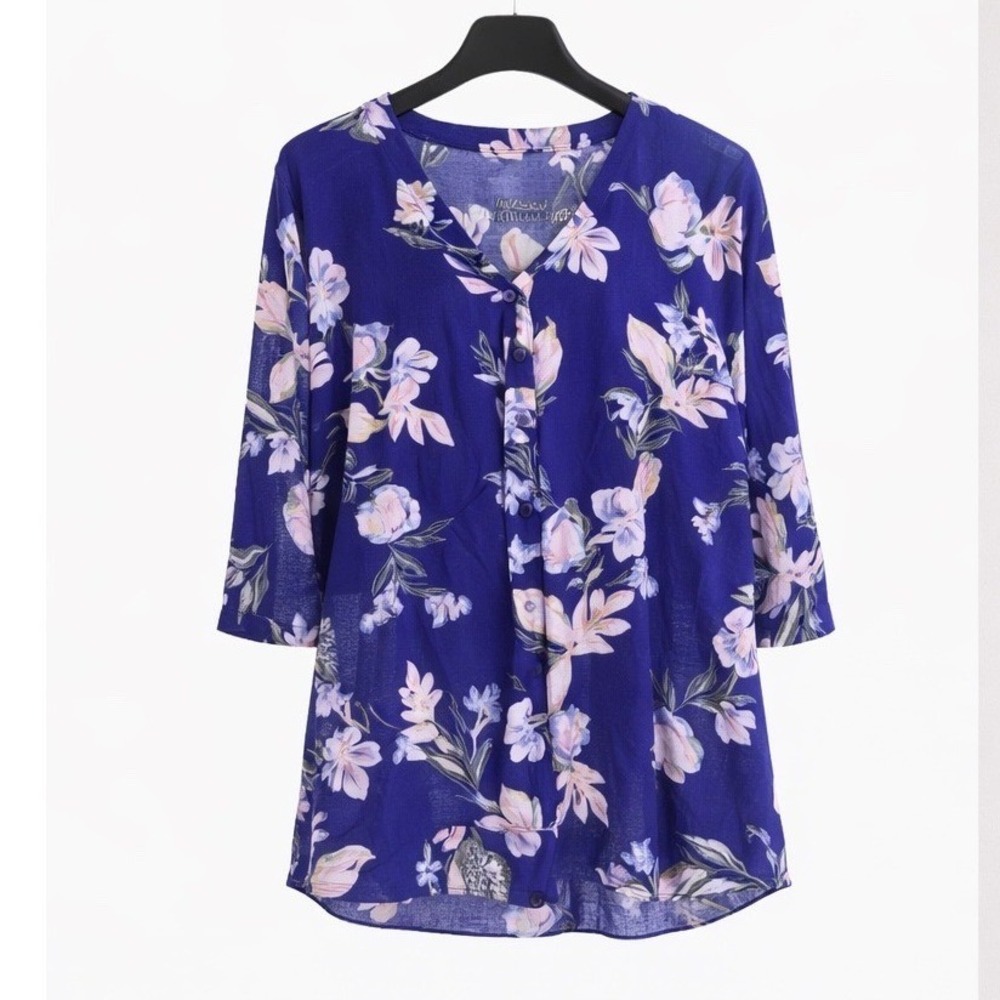 St. John's Bay Blouse 2X Blue Floral Rayon V-Neck 3/4 Sleeve Top